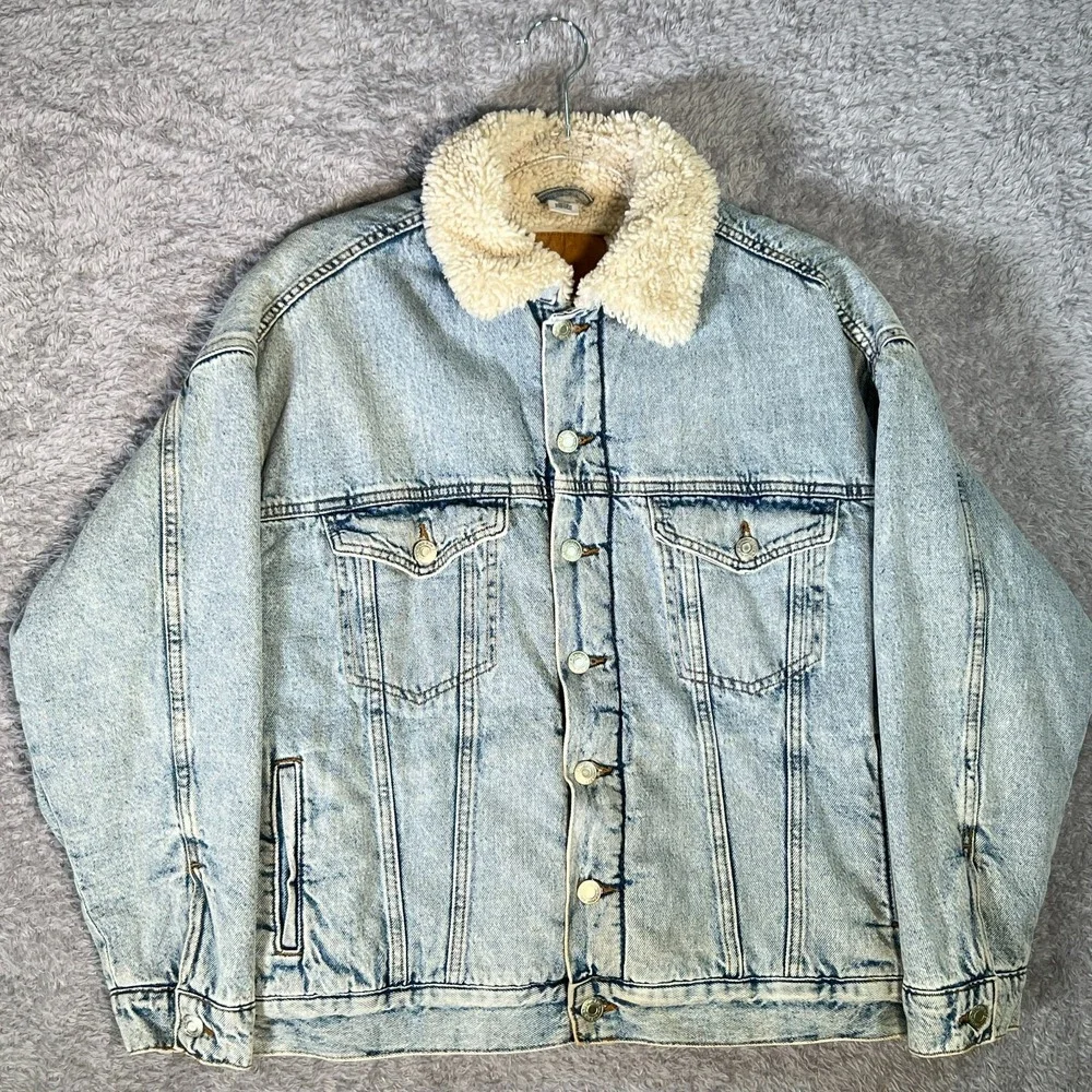 &Denim Lined Jean Jacket Small Light Wash Western‎ Y2K Casual Destressed Warm